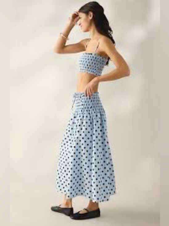 Kimchi Blue Dresses & Skirts - Light Blue Polka Dot Smocked Midi skirt and matching top